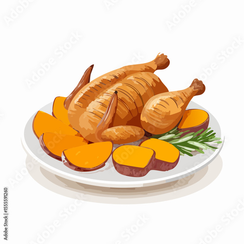 A savory watercolor illustration of a whole roasted chicken served with sweet potatoes and rosemary, a classic comfort food meal.