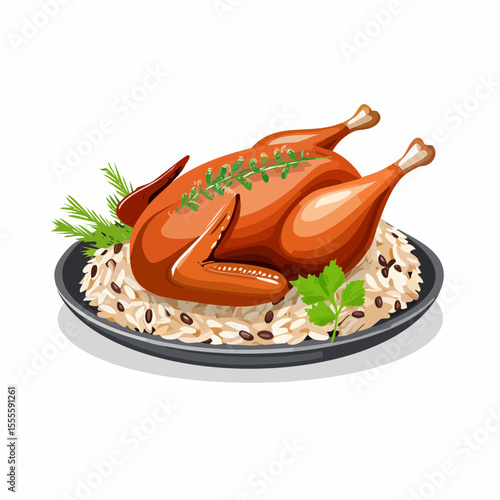 Gourmet roasted chicken on a bed of savory rice, garnished with fresh herbs for a festive dinner concept