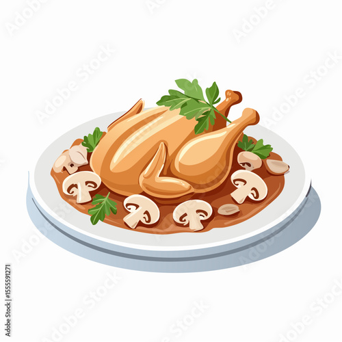 Delicious whole roasted chicken served on a plate with rich mushroom sauce and parsley. A gourmet culinary vector illustration.