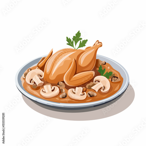 A beautifully illustrated whole roasted chicken served on a platter with a rich and savory mushroom sauce, garnished with parsley.