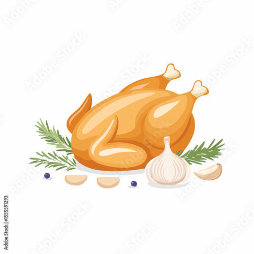 Delicious roasted chicken garnished with aromatic rosemary and garlic. A festive main course for a holiday meal.