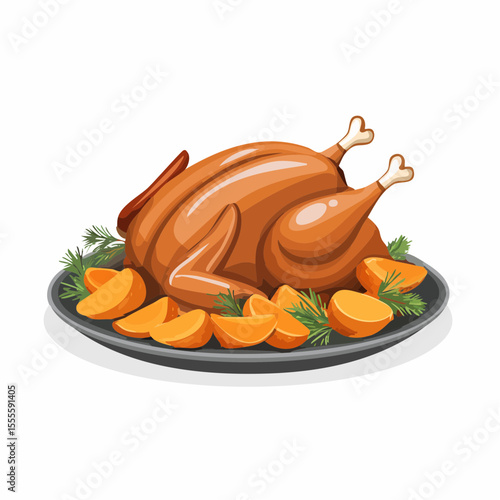 Festive roasted turkey or chicken on a platter with potatoes and herbs for a holiday dinner celebration.