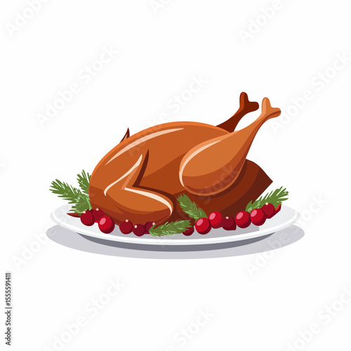 Golden brown roasted turkey centerpiece for a holiday meal, served on a platter with festive cranberry garnish.