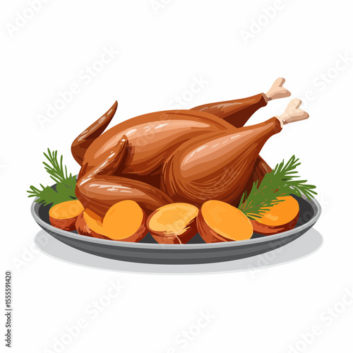 Vector illustration of a traditional holiday dinner, featuring a whole roasted turkey with sweet potatoes on a platter.