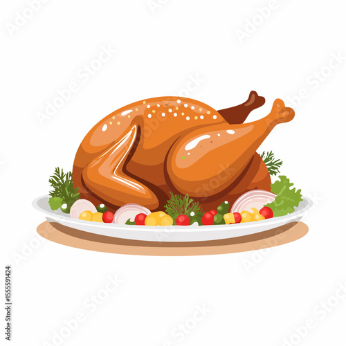 Festive holiday roasted chicken or turkey served on a platter with vegetables and herbs