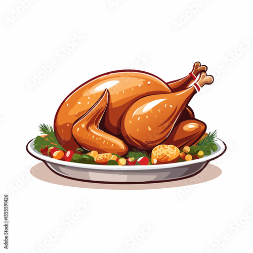 Festive roasted turkey dinner on a platter with garnish. A classic holiday main course illustration for celebration feasts.