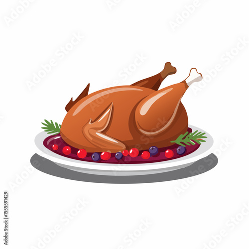 A delicious roasted holiday turkey illustration served on a platter with cranberry sauce and garnish for a festive feast