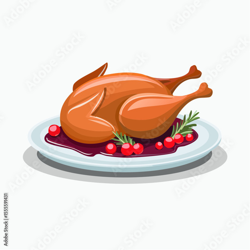 Festive holiday dinner illustration featuring a whole roasted turkey with cranberry sauce and rosemary for a traditional celebration feast