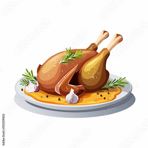 Delicious whole roasted chicken illustration for a festive holiday feast. Gourmet poultry dish with herbs and gravy on a white background.