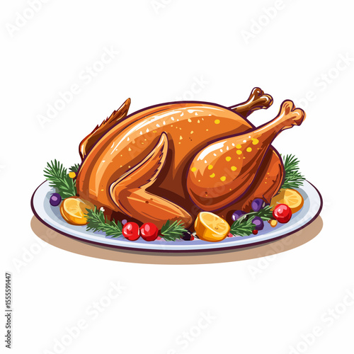 Golden roasted turkey on a platter, a festive illustration of a traditional holiday feast centerpiece for Thanksgiving