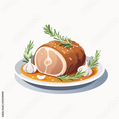 Savory roasted pork knuckle with fresh rosemary and garlic, served on a plate. Traditional festive holiday dinner illustration.