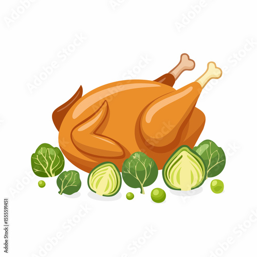 Golden roasted chicken or turkey centerpiece for a festive holiday dinner with brussels sprouts.