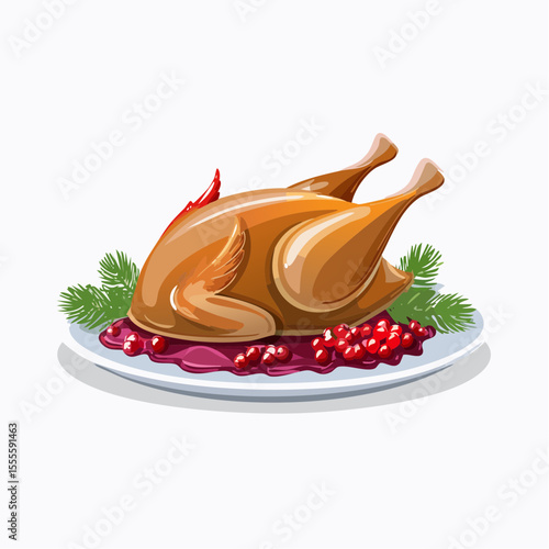 Delicious roasted turkey illustration with cranberry sauce and garnish, a traditional holiday meal on a platter