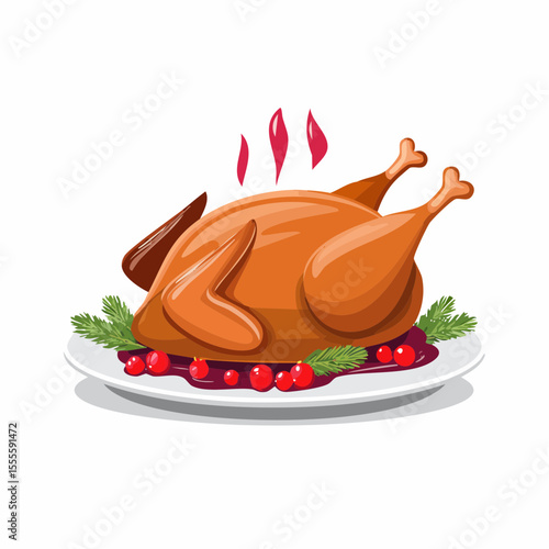 Traditional roasted turkey dinner illustration, garnished with cranberries for a festive Thanksgiving or Christmas holiday feast