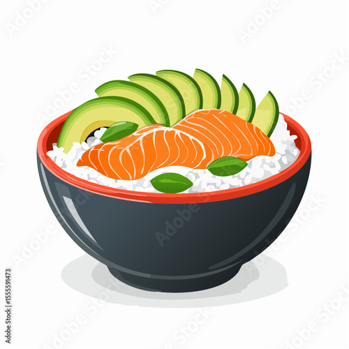 Fresh salmon poke bowl with sliced avocado and rice. Traditional Hawaiian seafood dish illustration.