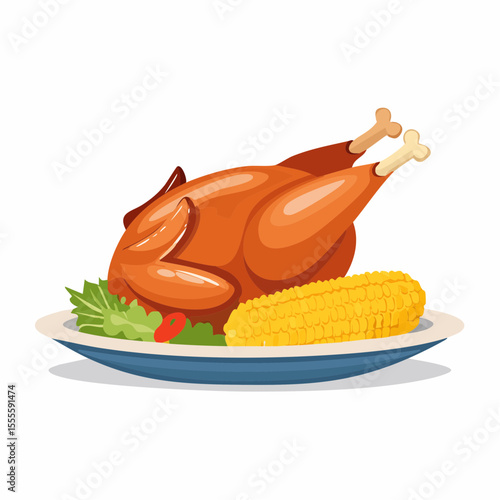 Vector illustration of a traditional festive dinner with a golden roasted chicken and corn on the cob on a platter.