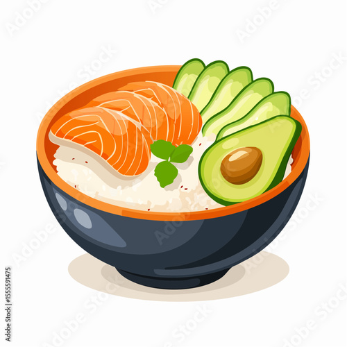 A delicious poke bowl with fresh salmon, sliced avocado, and rice. A concept of healthy eating and Asian seafood cuisine.
