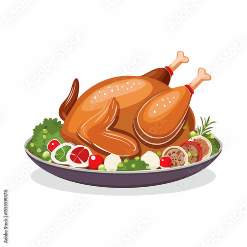 Delicious whole roasted turkey on a serving platter with fresh garnish, a concept for a festive holiday meal.