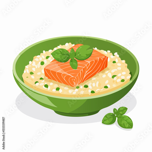 Gourmet meal concept featuring a salmon fillet on a bed of risotto with peas and fresh basil garnish