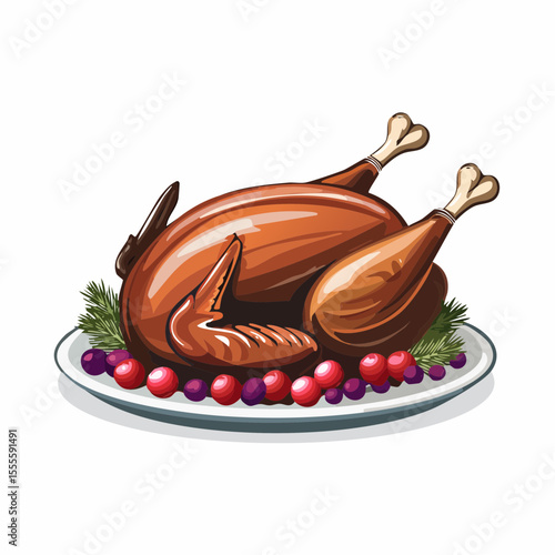 Vector illustration of a traditional roasted turkey dinner on a platter with cranberry and herb garnish for a festive holiday feast.