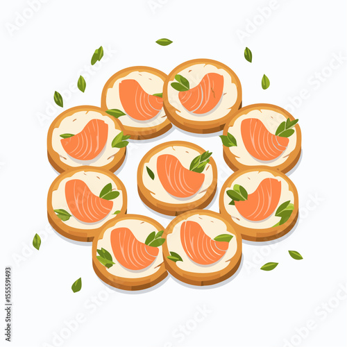 A delicious platter of salmon canapés with cream cheese and fresh basil on round crackers, a gourmet appetizer for a party or event.