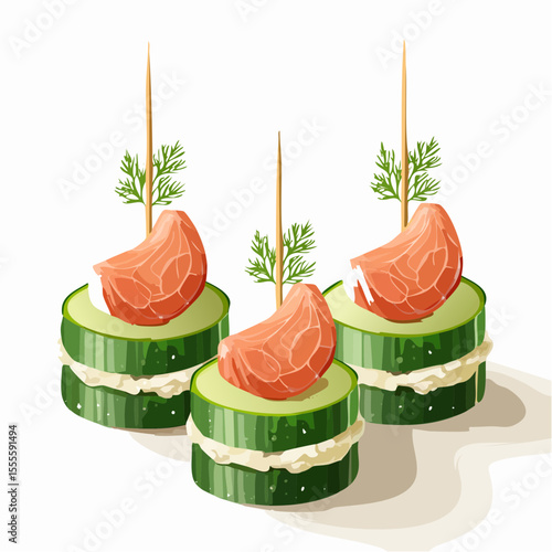 Gourmet canapés with salmon and cucumber slices, a healthy appetizer concept. Vector illustration of fresh party food.