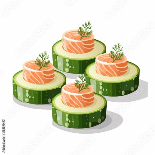 Fresh salmon canapés on cucumber slices, garnished with dill. Elegant party appetizer vector illustration.