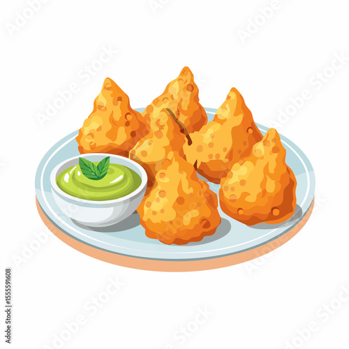 Vector illustration of traditional Indian samosas served on a plate with green mint chutney dipping sauce.