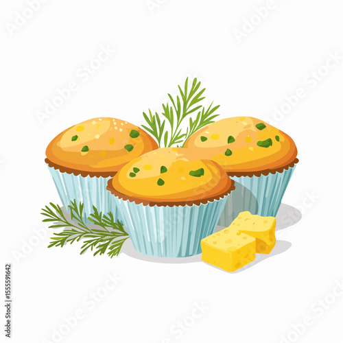 A delicious arrangement of three savory homemade muffins with fresh cheese and aromatic herbs like dill and rosemary
