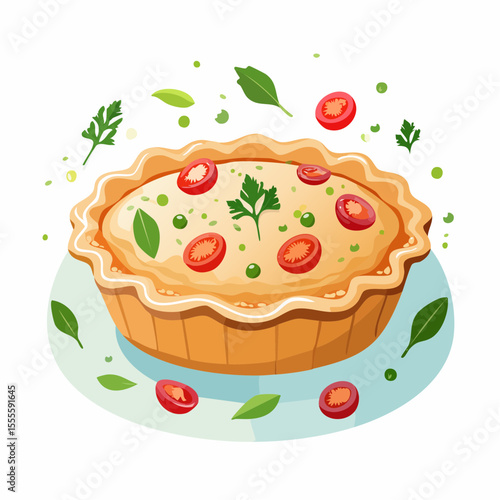 Freshly baked vegetable quiche with a golden crust, garnished with cherry tomatoes, peas, and parsley. A delicious savory pie illustration.