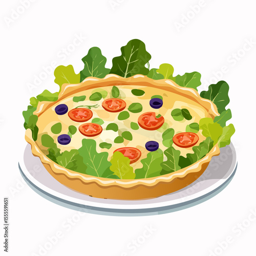 A delicious illustration of a homemade vegetable quiche with fresh tomatoes, olives, and greens, served on a white plate