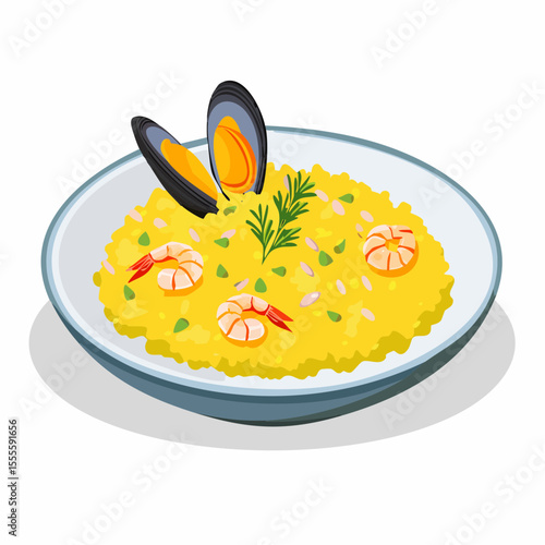 Gourmet seafood risotto with fresh mussels and shrimp. A delicious Italian culinary delight served on a plate, vector illustration.