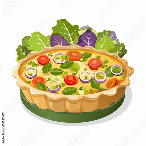 Delicious homemade vegetable quiche with cherry tomatoes, red onion, and spinach, served with a fresh green salad. Vector art illustration.