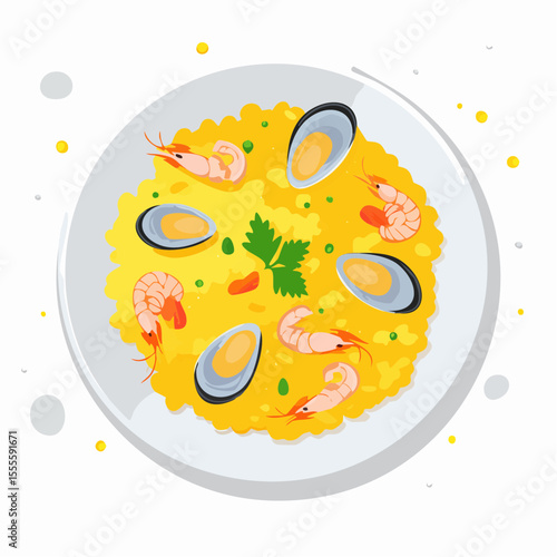 Top view vector illustration of traditional Spanish paella with seafood, including shrimp and mussels, on a white plate