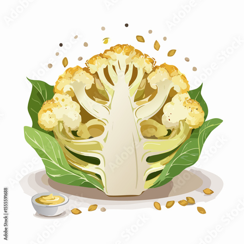 Delicious roasted cauliflower cut in half, seasoned with spices and served with dipping sauce. A healthy vegan dish concept.