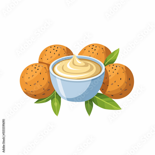 Traditional Middle Eastern falafel balls with a creamy dipping sauce. A classic vegetarian appetizer dish, isolated vector illustration.