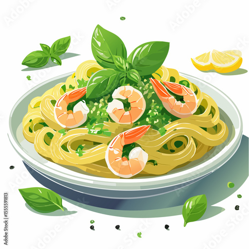 Freshly prepared linguine with succulent shrimp, garnished with green basil leaves and zesty lemon.