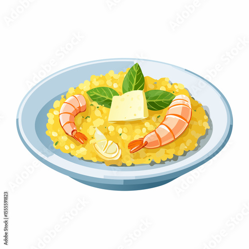 Delicious Italian shrimp risotto with fresh basil, lemon, and butter. A classic gourmet seafood dish illustration.