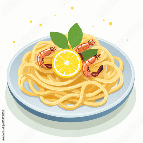 A delicious plate of Italian shrimp pasta with fresh lemon and basil. A concept illustration of Mediterranean seafood cuisine.