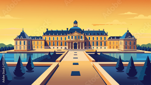 Grand chateau with water features and a path leading to it landscape illustration