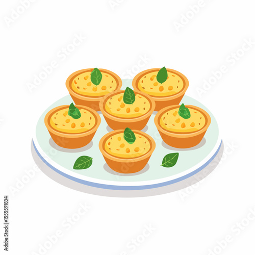 A platter of delicious mini savory tarts or quiches with a creamy egg filling, garnished with fresh basil. Isometric food illustration.