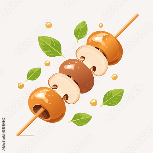 Grilled mushroom and basil skewer appetizer. An illustration of savory cooked fungi on a stick, a delicious vegetarian kebab concept.