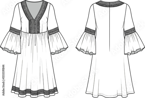 Bohemian dress fashion flat, long sleeve V-neck dress, flared sleeves style, front and back technical sketch, designer illustration

 flat vector illustration