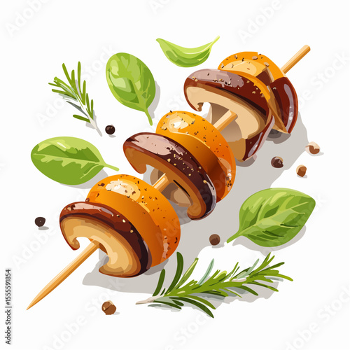 Grilled mushroom skewer with fresh basil and rosemary, a savory vegetarian appetizer ready for the barbecue. Vector illustration.