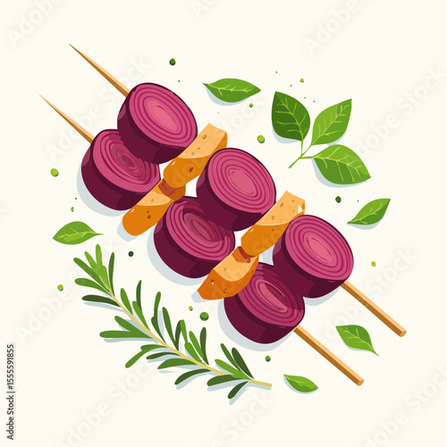 Freshly prepared vegetarian skewers with red onion and tofu, garnished with aromatic basil and rosemary sprigs. Healthy grilled food concept.