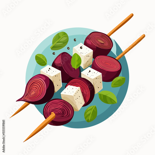 Vegetarian skewers with red onion, feta cheese, and basil leaves. An appetizing and healthy grilled appetizer on a plate.