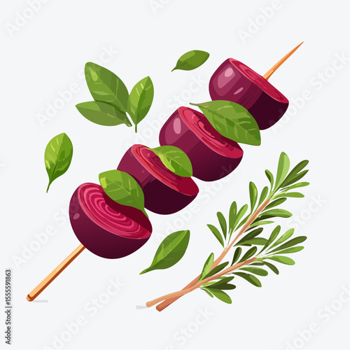 Vector illustration of a fresh beetroot and basil skewer with a sprig of rosemary, concept of healthy vegetarian food