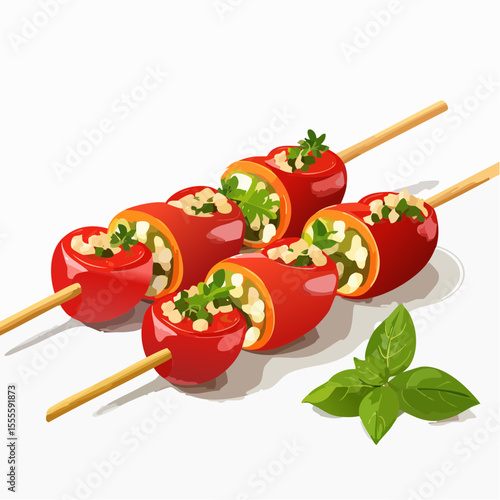 Appetizing skewers of small red peppers stuffed with cheese and herbs, a healthy vegetarian starter garnished with fresh basil.