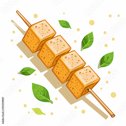 Grilled tofu skewer with fresh basil leaves. Healthy vegetarian appetizer or snack. Vector illustration isolated on white.