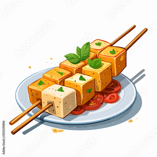 Savory grilled tofu skewers with fresh basil and tomatoes, a delicious and healthy vegan appetizer concept